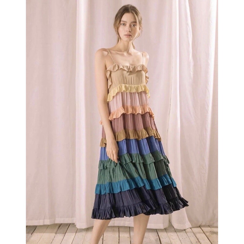 Anthro Storia Women's XS Colorblock Chiffon Midi Dress Ruffle Square Neck